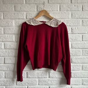 Romantic Cottagecore Vintage Red Ireland Lambswool Sweater with lace